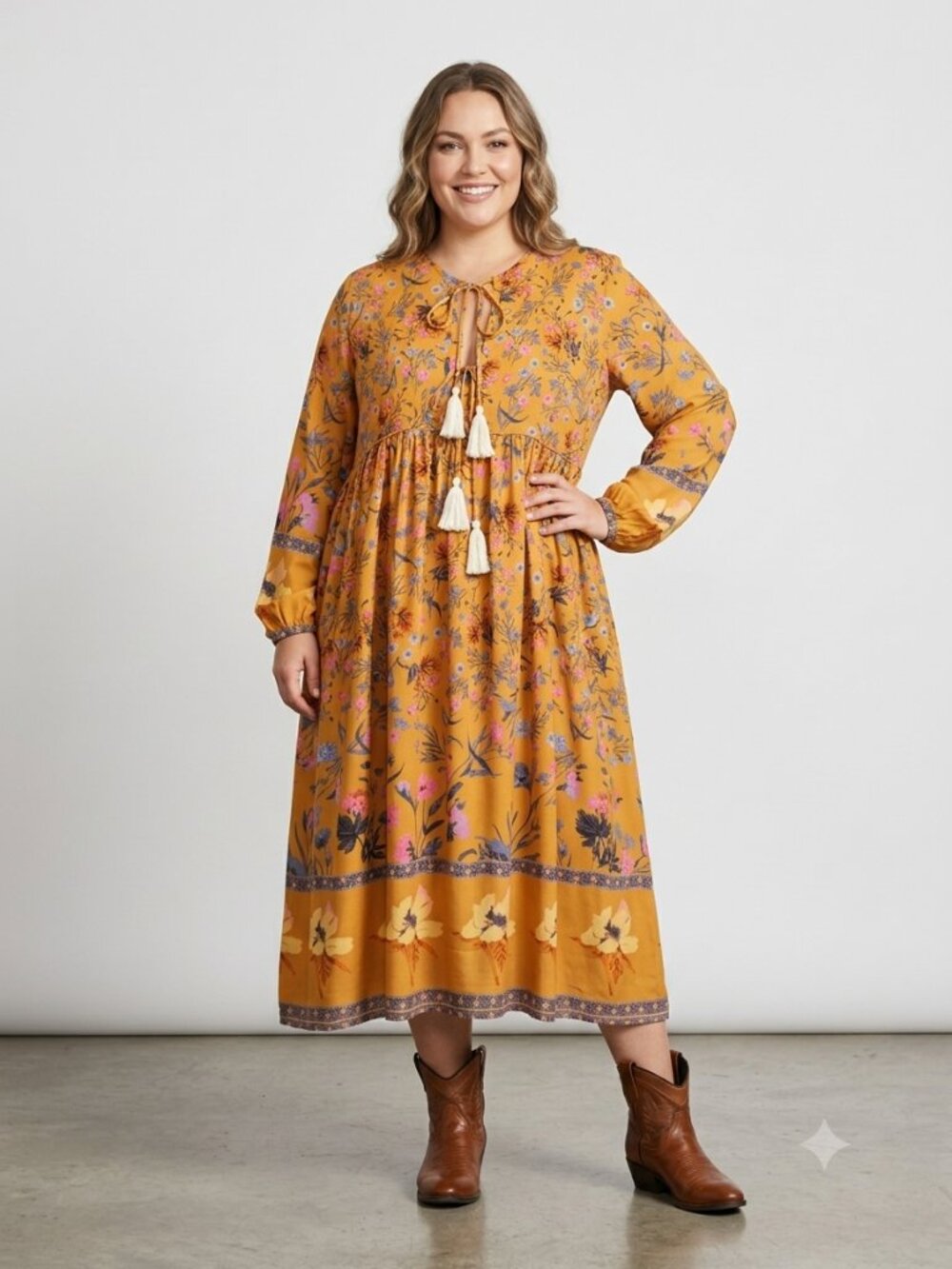 R.Vivimos Mustard Yellow Boho Floral Tassel Maxi Dress Peasant 2XL 70s Vibe NWT - Picture 2 of 13